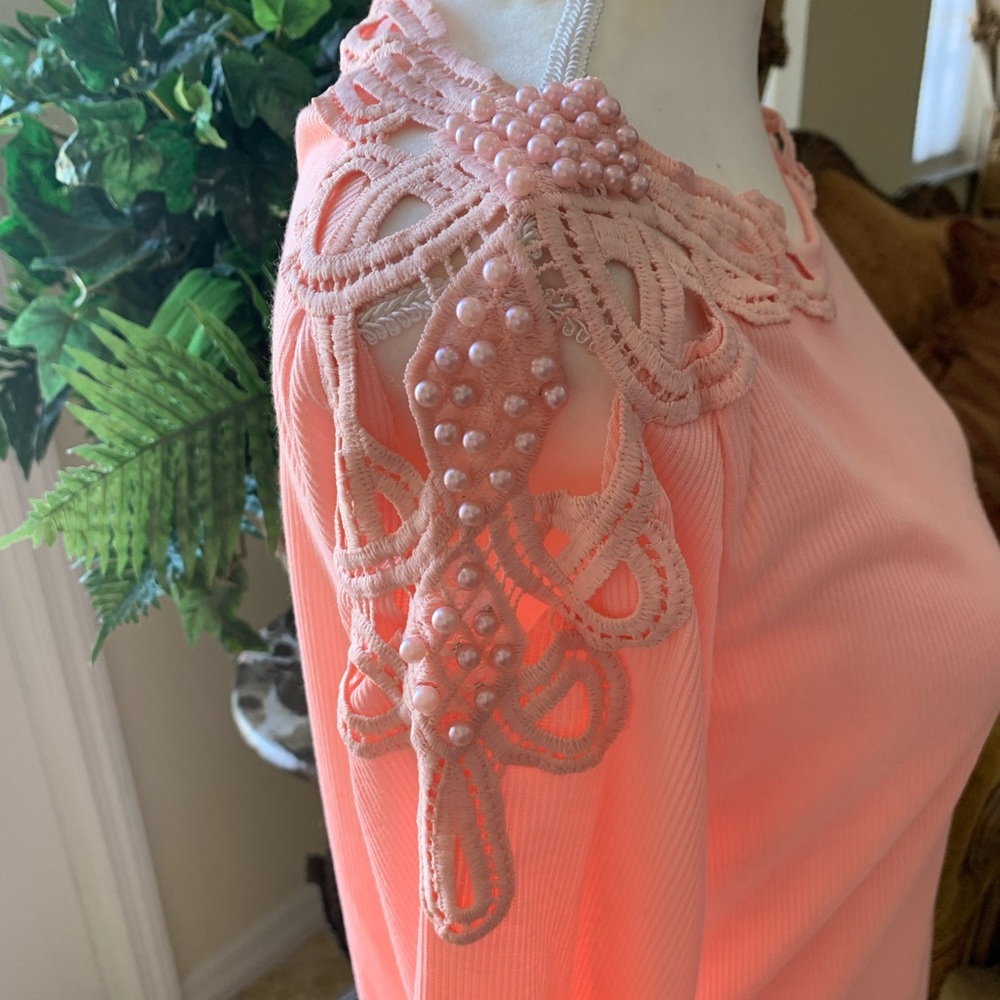 Pink, Long-Sleeve Pearl Beading Ribbed Tee - Picture 3 of 8